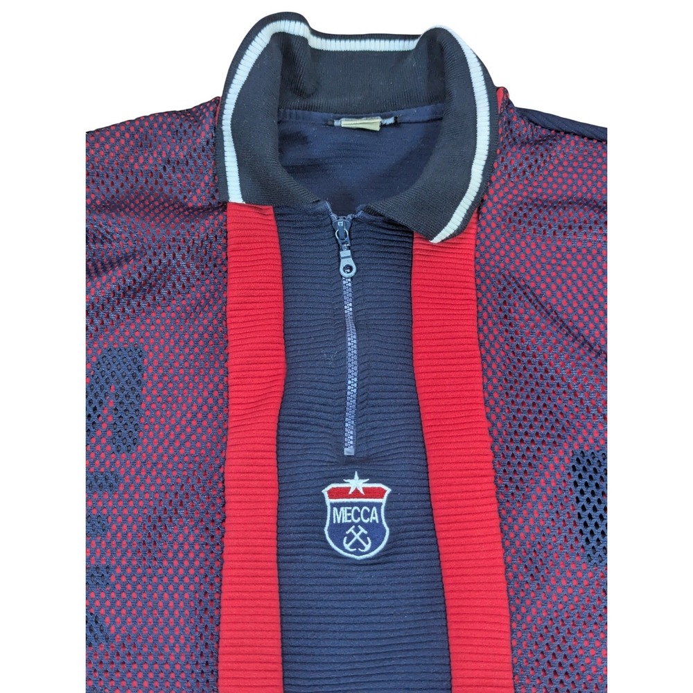 MECCA Sports Mens Large Polo T-Shirt Jersey‎ Red Navy Mesh Logo Zip Collar USA
